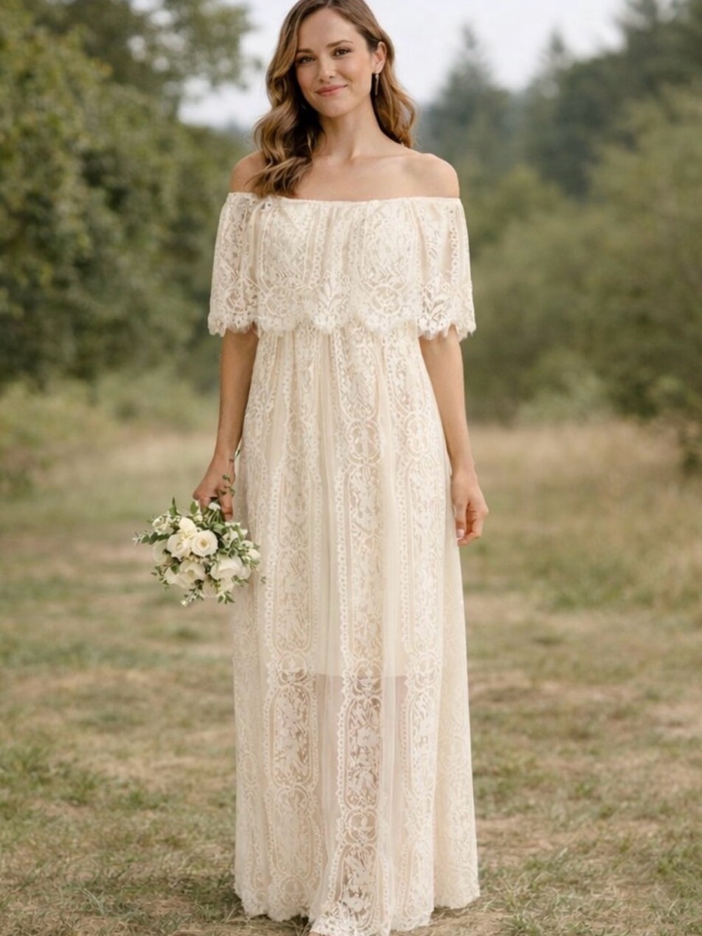 Baltic Born Off-Shoulder Lace Maxi Dress in Ivory Cream